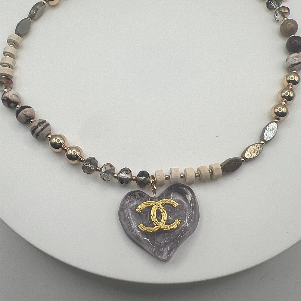 183. Purple Heart Charm Necklace with Gold and Cream Chain - Picture 3 of 5